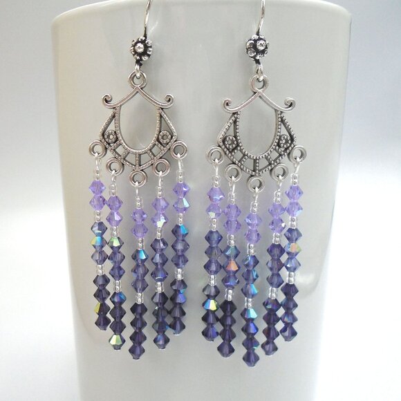 PURPLE OMBRE AUSTRIAN CRYSTALS CHANDELIER EARRINGS - Picture 1 of 2